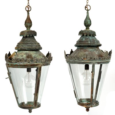 Lot 298 - A pair of copper framed hall lanterns with...