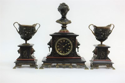 Lot 1035 - A Victorian black marble clock set