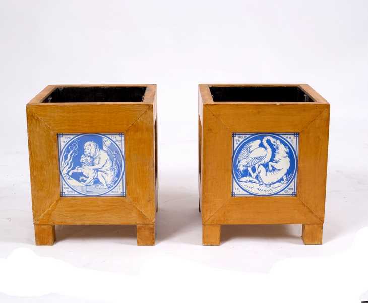 Lot 94 - Eight Mintons Aesop's Fables' tiles, the blue...