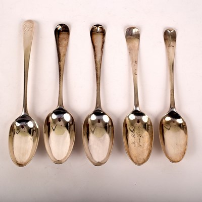 Lot 42 - Five mid 18th Century silver tablespoons, old...