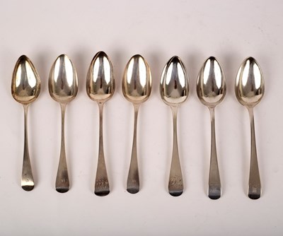 Lot 43 - Five George III silver tablespoons, various,...