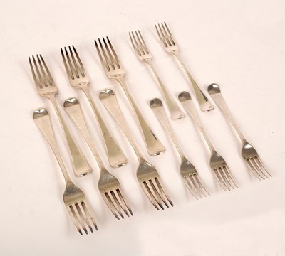 Lot 66 - Six George III silver table forks, Richard...