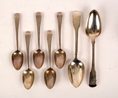 Lot 111 - Five George III silver dessert spoons, JW,...