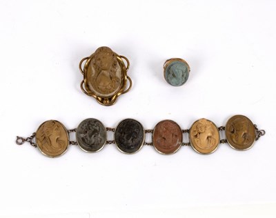 Lot 165 - A lava cameo bracelet, the six oval panels...