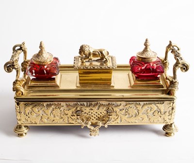 Lot 325 - An engraved brass inkstand and pen tray, circa...