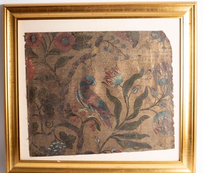 Lot 329 - A framed 18th Century leather panel, painted a...