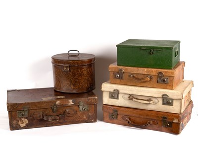 Lot 337 - Four suitcases, a hat box and a strong box,...