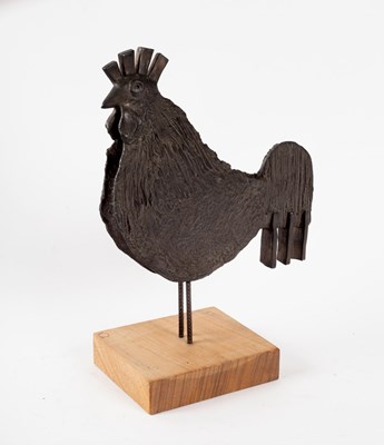 Lot 376 - A bronze model of a cockerel/on a wood plinth,...