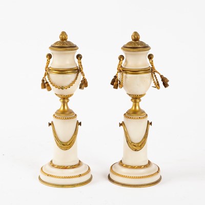 Lot 380 - A pair of gilt metal mounted garniture vases...