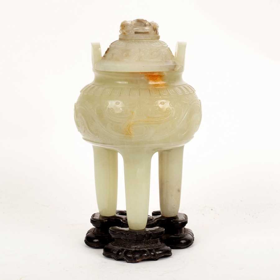 Lot 532 - A Chinese pale celadon jade censer and cover,...