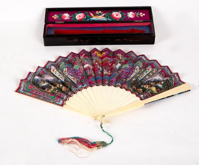 Lot 534 - A Chinese painted paper fan, decorated figures,...