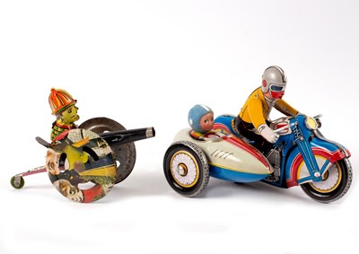 Lot 608 - A tinplate motorcycle and sidecar with key and...