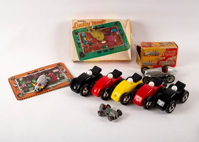 Lot 620 - Five wooden cars by Vilac, two Schuco racing...