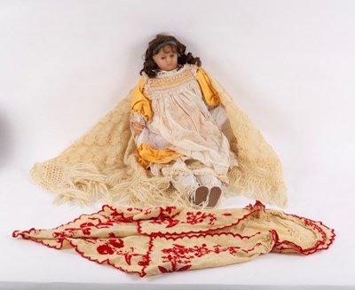 Lot 643 - A Victorian wax doll with glass eyes, wax arms...