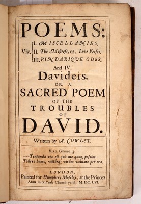 Lot 796 - Cowley, Abraham. Poems, 1656 - Boyle, Roger,...