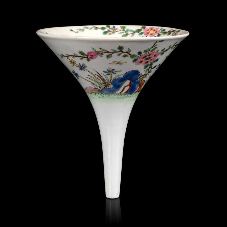Lot 877 - A Worcester wine funnel, circa 1754, painted...