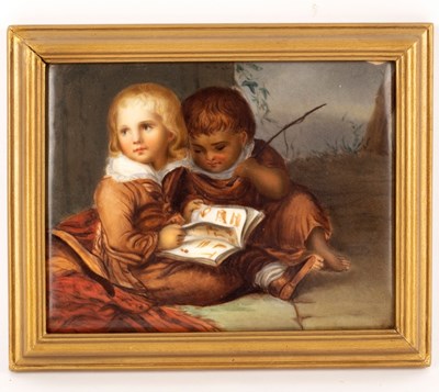 Lot 934 - A Continental porcelain plaque of two children...