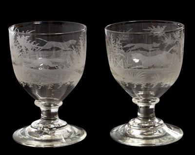 Lot 992 - Hunting interest: A pair of engraved glass...