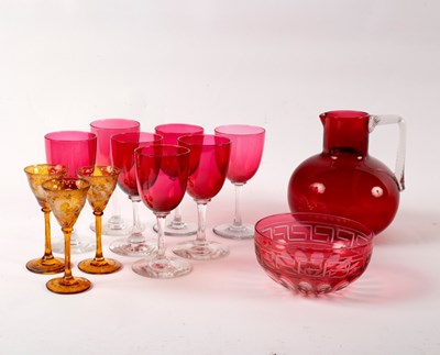 Lot 999 - A quantity of cranberry glass and three amber...