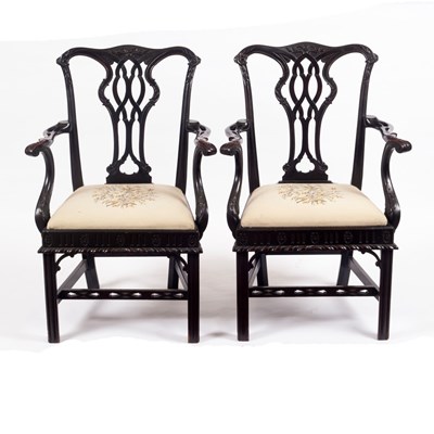 Lot 1080 - A pair of Chippendale style open armchairs...