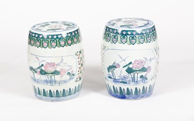 Lot 4 - A pair of Chinese porcelain barrel-shaped...