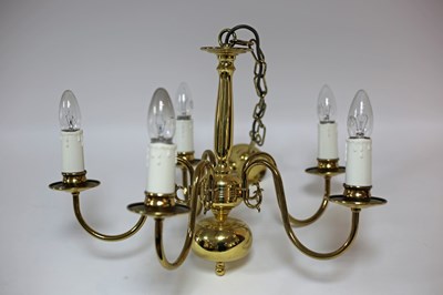 Lot 13 - A brass five-light electrolier with scroll...