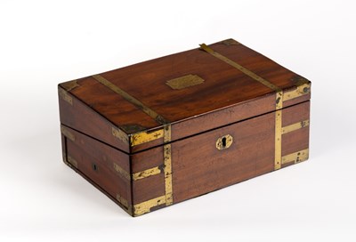 Lot 295 - A brass bound work box with fitted interior...