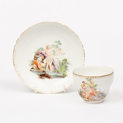 Lot 397 - An ogee cup and saucer, circa 1780, decorated...