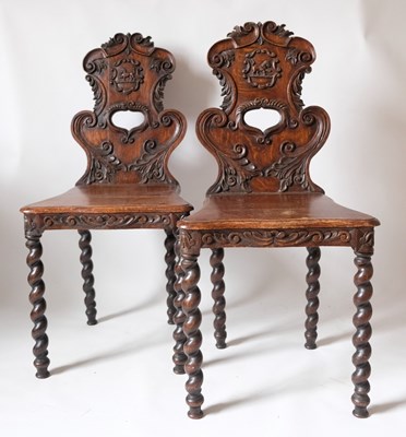 Lot 535 - A pair of 19th Century oak hall chairs on...