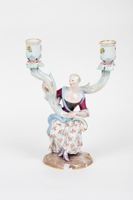 Lot 583 - A Meissen figural two-light candelabrum, circa...