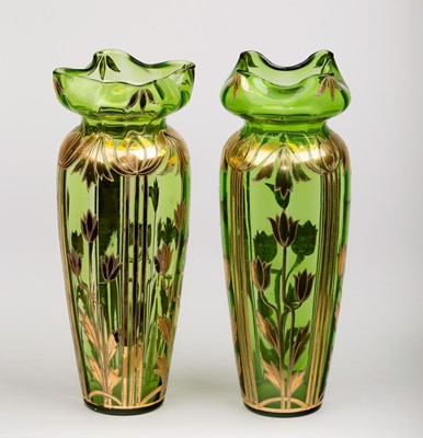 Lot 702 - A pair of Art Nouveau style vases, the green...