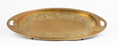 Lot 836 - A brass Arts & Crafts oval tray with pierced...