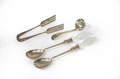 Lot 14 - A pair of silver salad servers with cut glass...