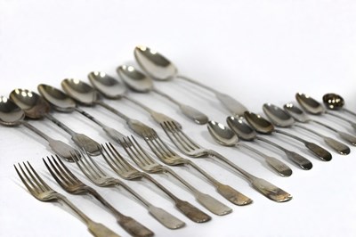Lot 92 - Six silver fiddle pattern dessert spoons and...
