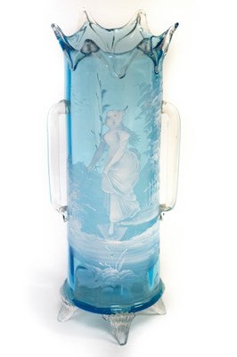 Lot 250 - A Mary Gregory type blue glass vase with white...