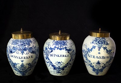 Lot 276 - Three Delft tobacco jars, late 18th Century,...