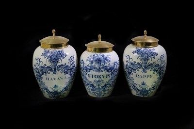 Lot 277 - Three small Delft tobacco jars, late 18th...