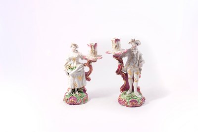 Lot 288 - A pair of Derby figural candlesticks, circa...