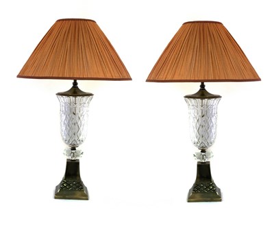 Lot 458 - A pair of brass and cut-glass table lamps with...