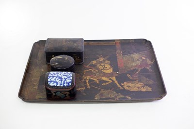 Lot 467 - A papier-mâché tray decorated Samurai, 51cm x...