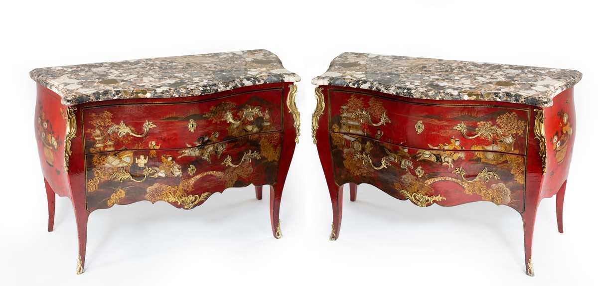 Lot 557 - A pair of Louis XV style red lacquered...