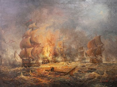 Lot 848 - S Webb (20th Century)/Naval Engagement/oil on...