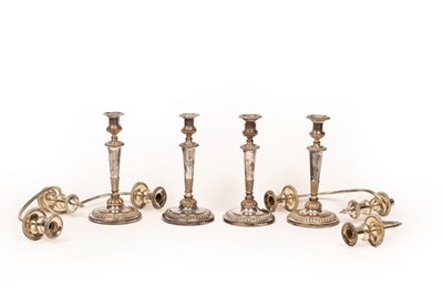 Lot 127 - Four Sheffield plated candlesticks with two,...