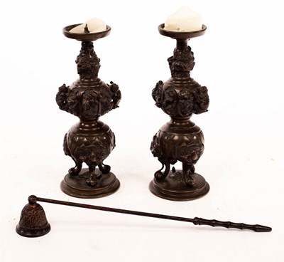 Lot 490 - A pair of Japanese bronze candlesticks, 22cm...