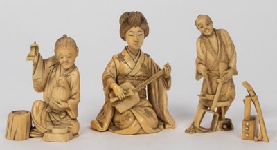 Lot 492 - Three Japanese carved ivory Okimono, Meiji...