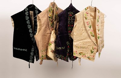 Lot 591 - Three 19th Century silk embroidered waistcoats,...