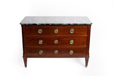 Lot 674 - A Continental walnut marble top commode of two...