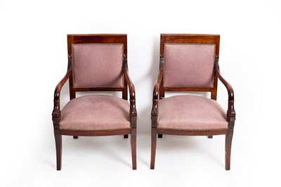 Lot 675 - A pair of Empire style mahogany open armchairs,...