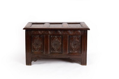 Lot 705 - A 17th Century oak coffer, the triple-panel...