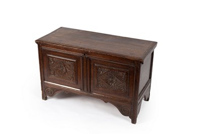 Lot 754 - A narrow 18th Century oak coffer, the hinged...